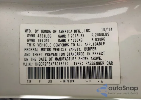 2015 Honda Accord Ex-L z USA, uszkodzony, nr VIN 1HGCR2F8XFA045320